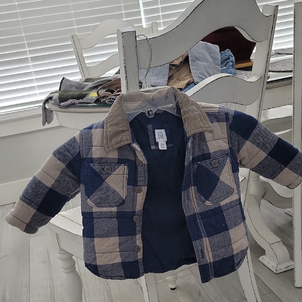 GAP Kids Blue and Tan Plaid Jean Jacket